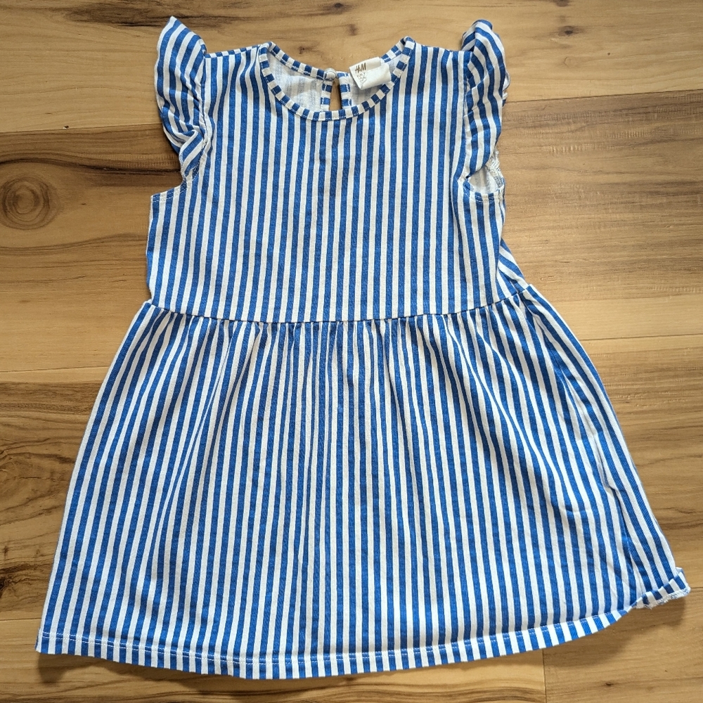H&M Size 2T Blue White Striped Flutter Sleeve Cotton Dress